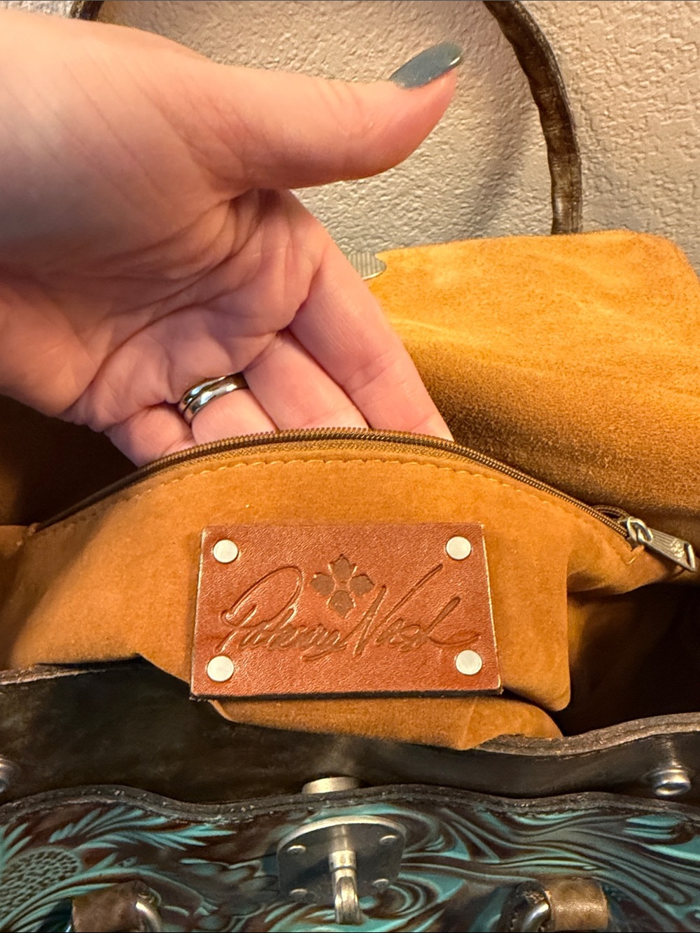 Patricia Nash Turquoise and Brown Tooled Floral Leather Satchel - Picture 3 of 10